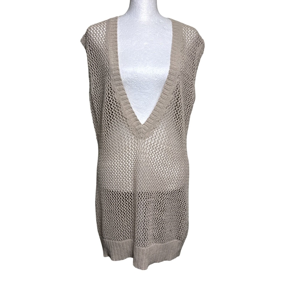 LOFT Open Stitch Sweater L Sleeveless Beach Cover Up Beige Crochet Boho New